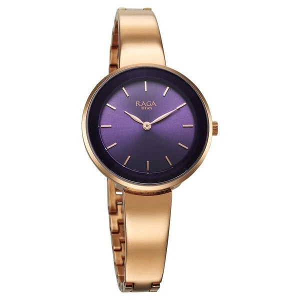 Titan Raga Showstopper Purple Dial Rose Gold Metal Strap Watch for Women