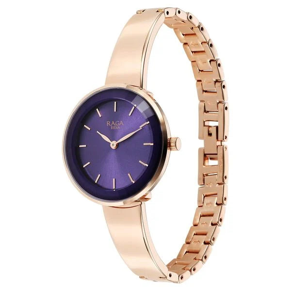 Titan Raga Showstopper Purple Dial Rose Gold Metal Strap Watch for Women
