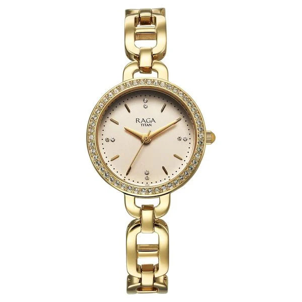 Titan Raga Showstopper Quartz Analog Golden Dial Metal Strap Watch For Women