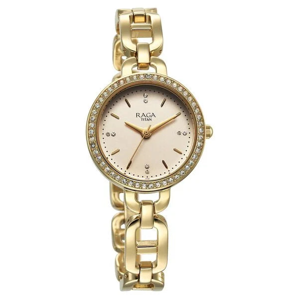 Titan Raga Showstopper Quartz Analog Golden Dial Metal Strap Watch For Women