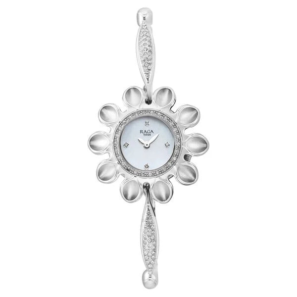 Titan Raga Silver Mother Of Pearl Dial Analog Sterling Silver Strap Watch for Women