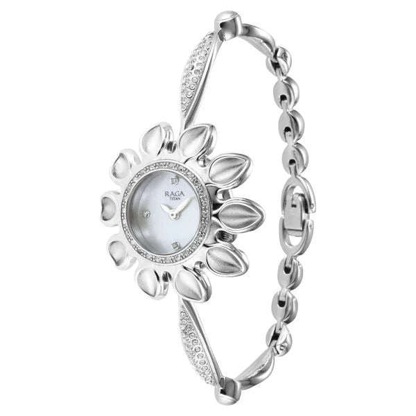 Titan Raga Silver Mother Of Pearl Dial Analog Sterling Silver Strap Watch for Women