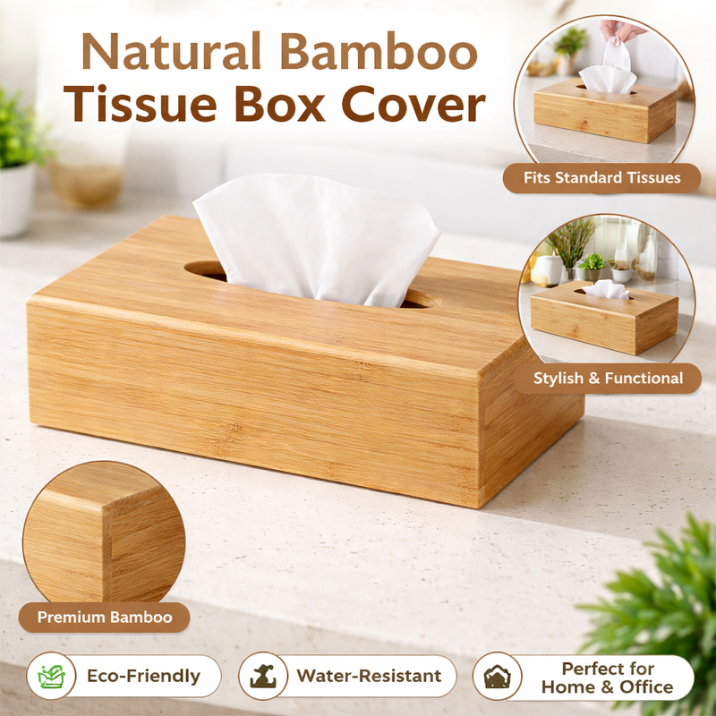 Bamboo tissue box cover with tissues on a neutral background