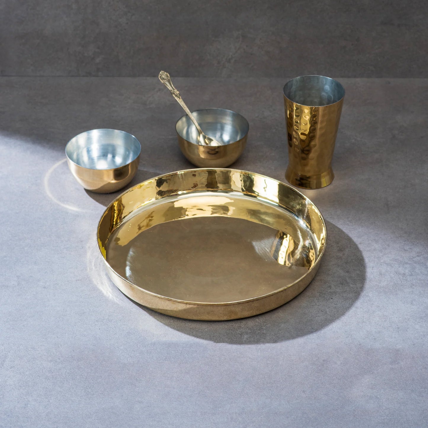 Brass Thaali Set 5 pieces set 1 Thaali, 2 bowls, 1 glass and 1 spoon | Brass eating plate