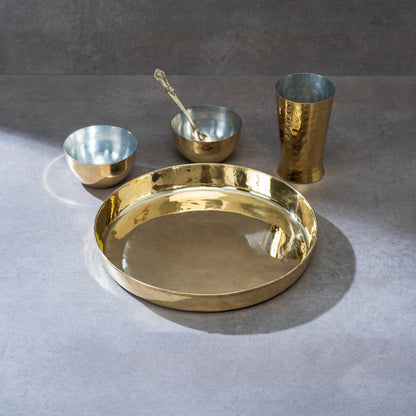 Brass Thaali Set 5 pieces set 1 Thaali, 2 bowls, 1 glass and 1 spoon | Brass eating plate
