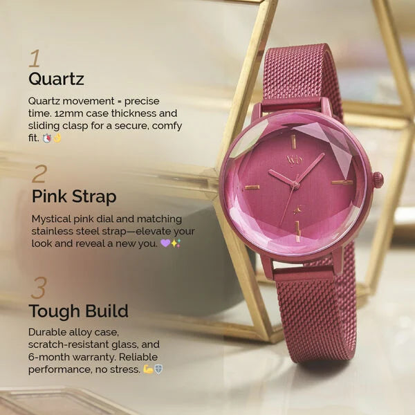 Fastrack Vyb Aurora Quartz Analog Pink Dial Stainless Steel Strap Watch for Girls