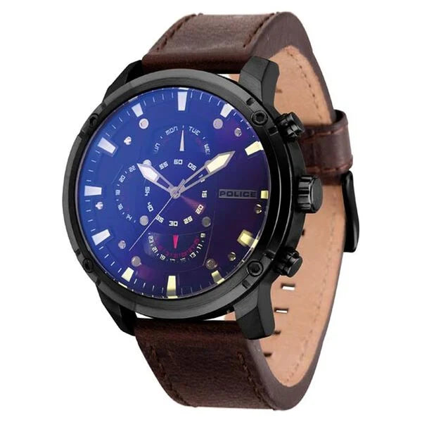 Police Blue Dial Leather Strap Watch for Men