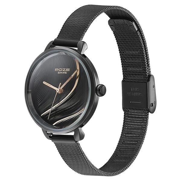 Sonata Poze Quartz Analog Black Dial Mesh Strap Watch for Women