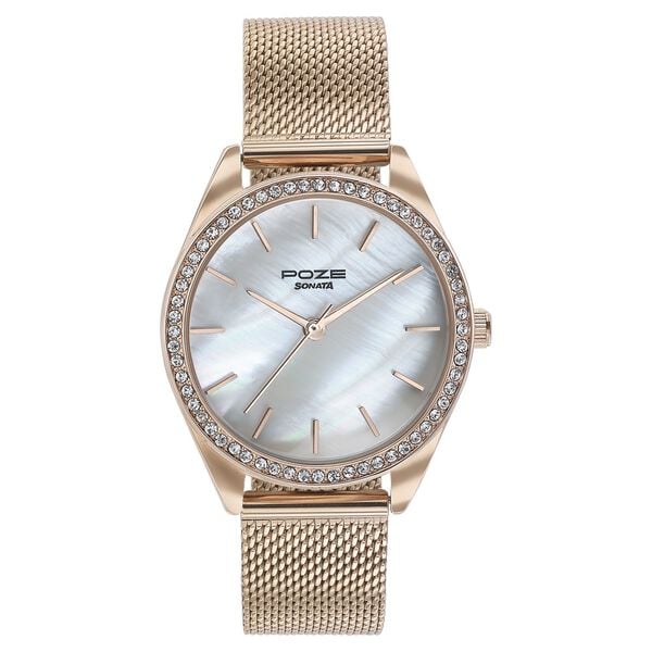 Sonata Poze Quartz Analog Mother of Pearl Dial Rose Gold Color Stainless Steel Strap Watch For Women