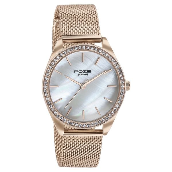 Sonata Poze Quartz Analog Mother of Pearl Dial Rose Gold Color Stainless Steel Strap Watch For Women