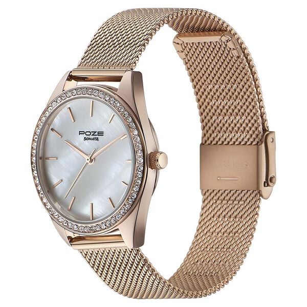 Sonata Poze Quartz Analog Mother of Pearl Dial Rose Gold Color Stainless Steel Strap Watch For Women