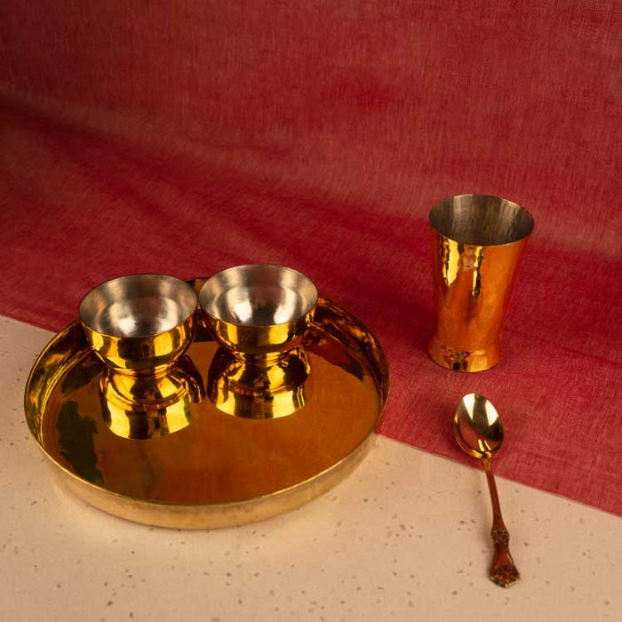 Brass Thaali Set 5 pieces set 1 Thaali, 2 bowls, 1 glass and 1 spoon | Brass eating plate