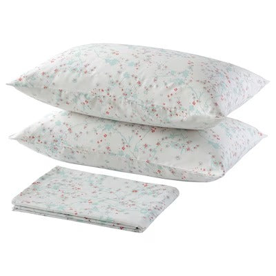 IKEA ASKLONN Flat sheet and 2 pillowcase, Cherry blossom branch/white/green, 240x260/50x80 cm (94x102/20x31 ") | IKEA Bed linen | Eachdaykart