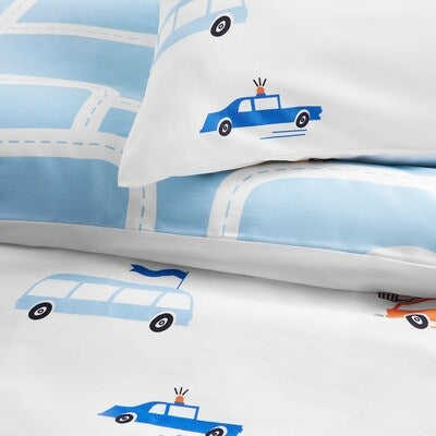 IKEA BERGFINK 3-piece bedlinen set with bag, multicolour vehicles/roads pattern, 150x200/50x80 cm (59x78 3/4/19 5/8x31 1/2 ") | IKEA Bed linen | Eachdaykart