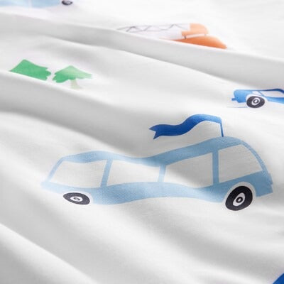 IKEA BERGFINK 3-piece bedlinen set with bag, multicolour vehicles/roads pattern, 150x200/50x80 cm (59x78 3/4/19 5/8x31 1/2 ") | IKEA Bed linen | Eachdaykart