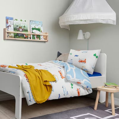 IKEA BERGFINK 3-piece bedlinen set with bag, multicolour vehicles/roads pattern, 150x200/50x80 cm (59x78 3/4/19 5/8x31 1/2 ") | IKEA Bed linen | Eachdaykart