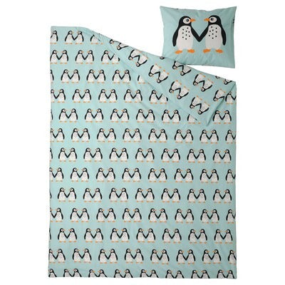 IKEA BLAVINGAD Duvet cover and pillowcase, penguin pattern/light turquoise, 150x200/50x80 cm (59x78 3/4/20x31 ") | IKEA Bed linen | Eachdaykart