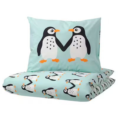 IKEA BLAVINGAD Duvet cover and pillowcase, penguin pattern/light turquoise, 150x200/50x80 cm (59x78 3/4/20x31 ") | IKEA Bed linen | Eachdaykart