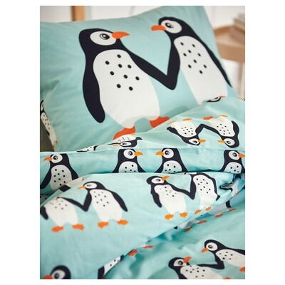 IKEA BLAVINGAD Duvet cover and pillowcase, penguin pattern/light turquoise, 150x200/50x80 cm (59x78 3/4/20x31 ") | IKEA Bed linen | Eachdaykart