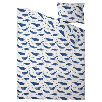 IKEA BLAVINGAD Duvet cover and pillowcase, whale pattern blue/white, 150x200/50x80 cm (59x78 3/4/20x31 ") | IKEA Bed linen | Eachdaykart