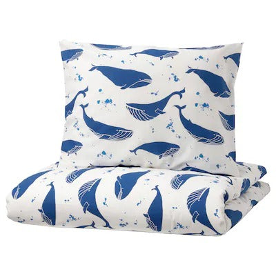 IKEA BLAVINGAD Duvet cover and pillowcase, whale pattern blue/white, 150x200/50x80 cm (59x78 3/4/20x31 ") | IKEA Bed linen | Eachdaykart