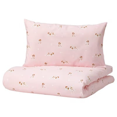 IKEA DROMSLOTT Duvet cover 1 pillowcase for cot, puppy pattern/pink, 110x125/35x55 cm (43x49/14x22 ") | IKEA Bed linen | Eachdaykart