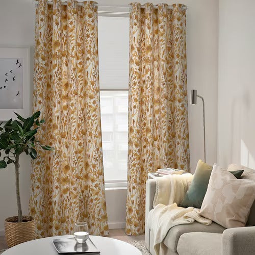 IKEA FLENTIMOTEJ Curtains, 1 pair, light beige/floral pattern, 145x250 cm (57x98 ") | IKEA Curtains | Eachdaykart