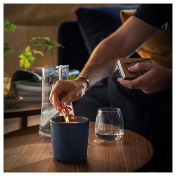 IKEA Fruktskog scented candle in ceramic jar vetiver and geranium black turquoise