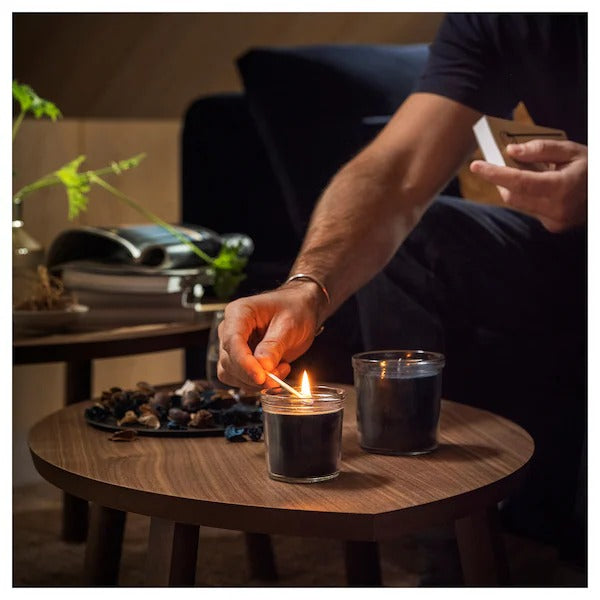 IKEA Fruktskog scented candle in glass vetiver geranium black turquoise