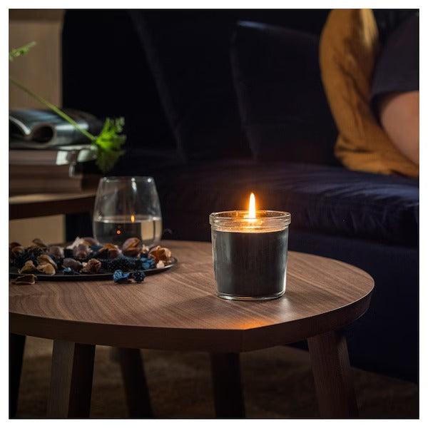 IKEA Fruktskog scented candle in glass vetiver geranium black turquoise