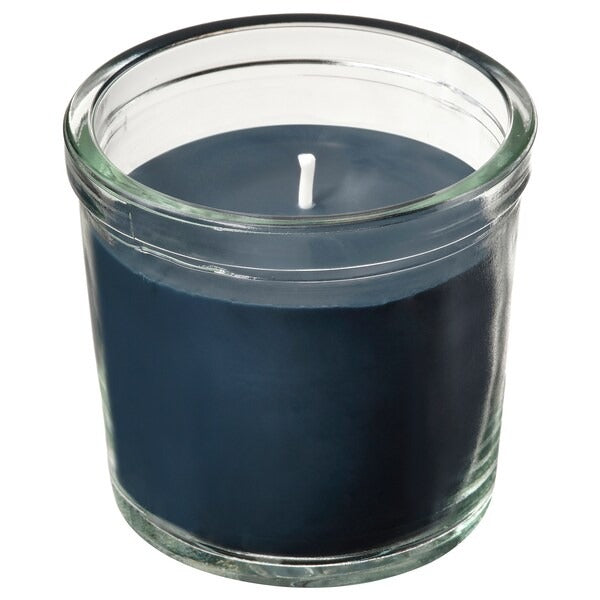 IKEA Fruktskog scented candle in glass vetiver and geranium black turquoise