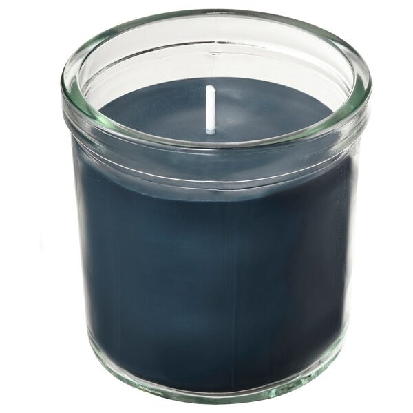 IKEA Fruktskog scented candle in glass vetiver geranium black turquoise
