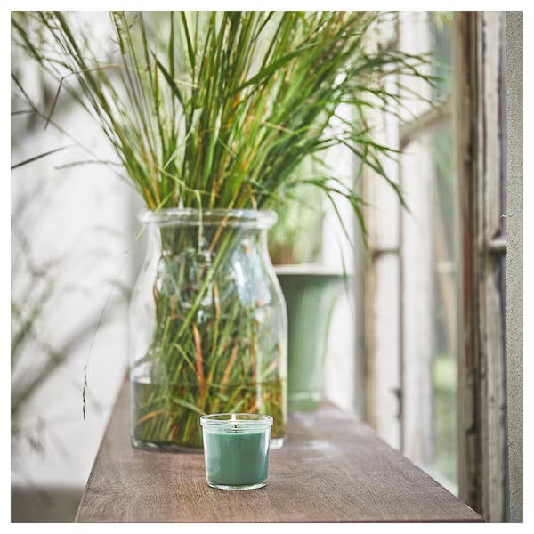 IKEA Hedersam scented candle in glass fresh grass light green