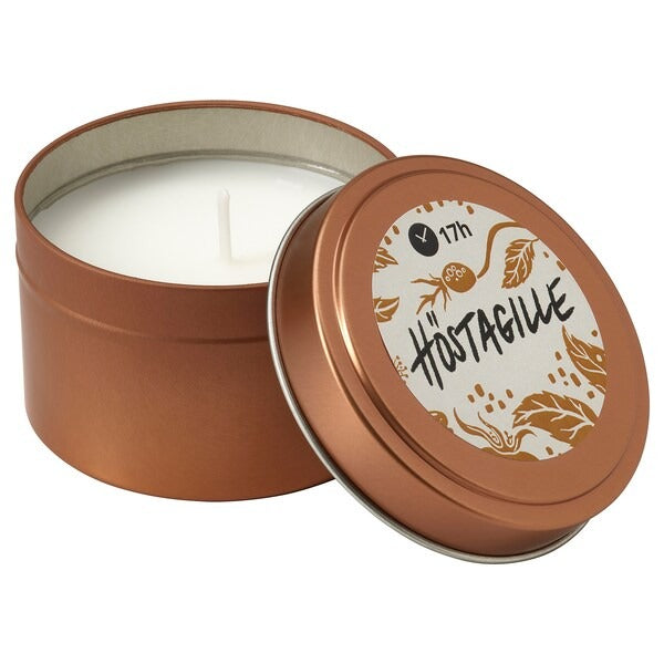 IKEA Hostagille scented candle in metal tin sandalwood patchouli copper colour