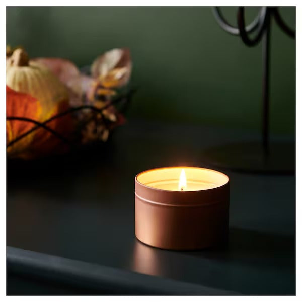 IKEA Hostagille scented candle in metal tin sandalwood patchouli copper colour