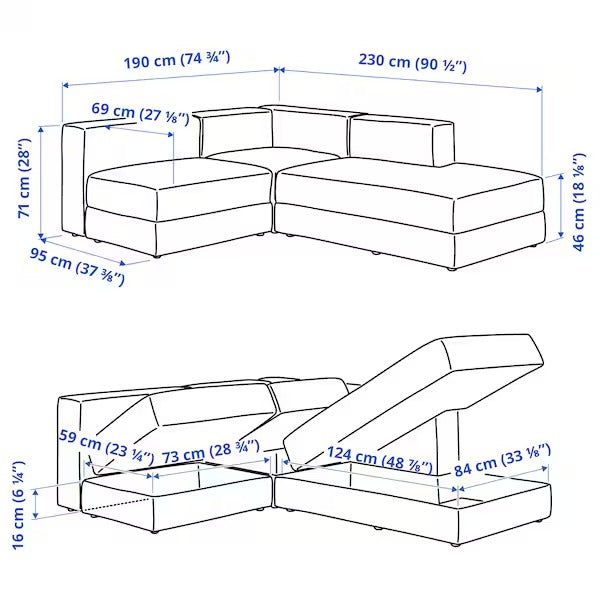 IKEA Jattebo mod corner sofa 25 seat with chaise longue right tonerud grey