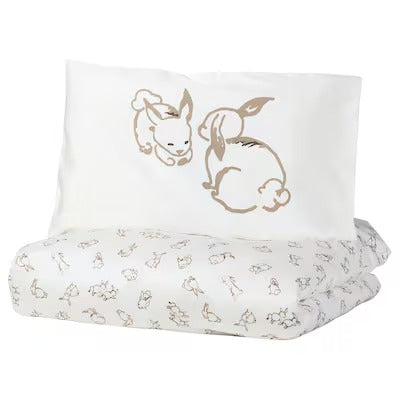 IKEA RODHAKE Duvet cover 1 pillowcase for cot, rabbit pattern/white/beige, 110x125/35x55 cm (43x49/14x22 ") | IKEA Bed linen | Eachdaykart