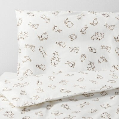 IKEA RODHAKE Duvet cover 1 pillowcase for cot, rabbit pattern/white/beige, 110x125/35x55 cm (43x49/14x22 ") | IKEA Bed linen | Eachdaykart