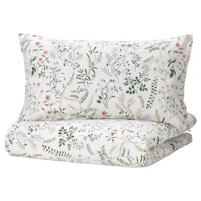 IKEA TIMJANSMOTT Duvet cover and pillowcase, white/floral pattern, 150x200/50x80 cm (59x79/20x31 ") | IKEA Bed linen | Eachdaykart