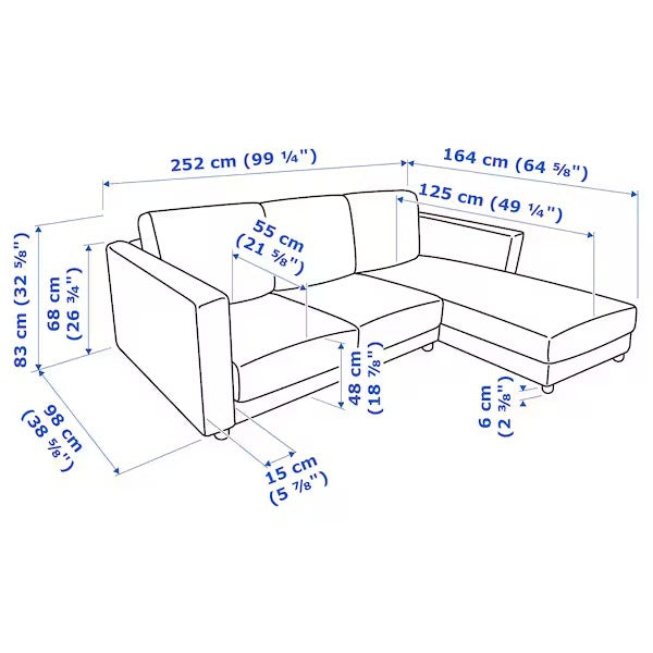 IKEA Vimle 3-Sitzer-Sofa mit Chaiselongue Saxemara hellblau