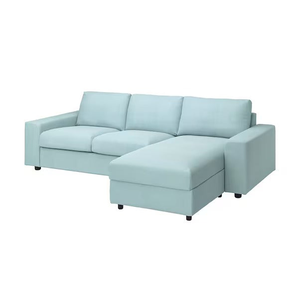 IKEA Vimle 3er-Sofa mit Chaiselongue mit breiten Armlehnen Saxemara hellblau