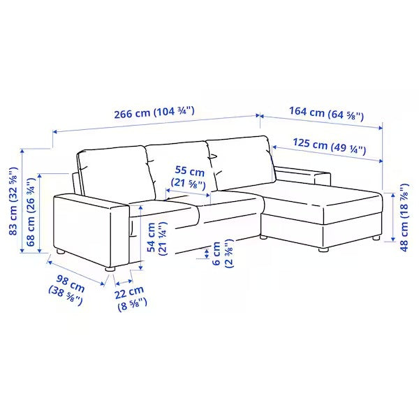 IKEA Vimle 3er-Sofa mit Chaiselongue mit breiten Armlehnen Saxemara hellblau