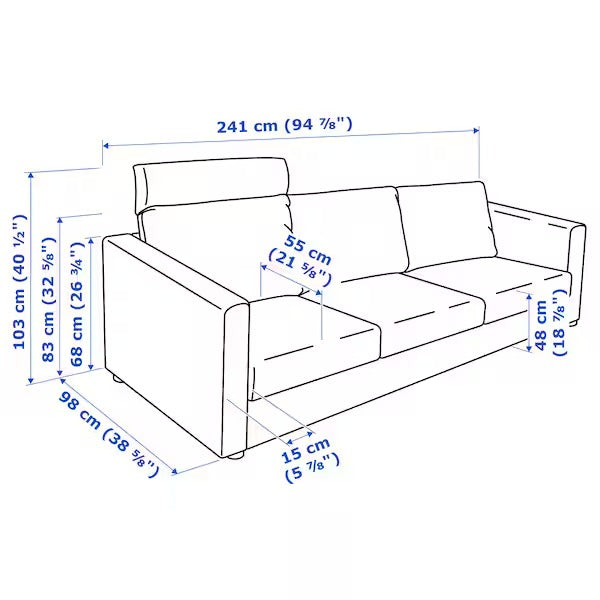 IKEA Vimle 3-Sitzer-Sofa mit Kopfstütze Saxemara hellblau