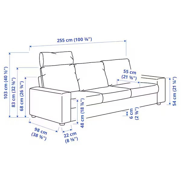 IKEA Vimle 3er-Sofa mit Kopfstütze und breiten Armlehnen Saxemara schwarzblau