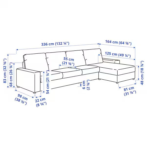 IKEA Vimle 4er-Sofa mit Chaiselongue, breiten Armlehnen, schwarzblau