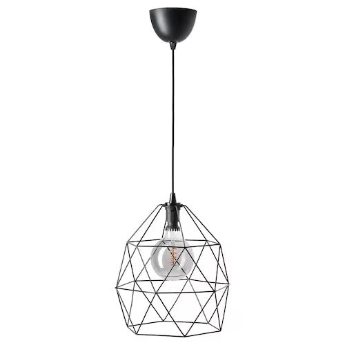 IKEA BRUNSTA / ROLLSBO Pendant lamp with light bulb, black/globe grey clear glass, 200 lmx300 mm (200 lmx12 ") | IKEA ceiling lights | Eachdaykart