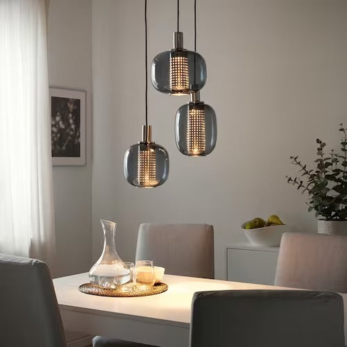 IKEA HOGVIND Pendant lamp with 3 lamps, nickel-plated/grey glass | IKEA ceiling lights | Eachdaykart
