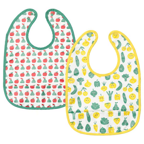 IKEA MATVRA Bib, fruit/vegetables pattern/green yellow | Pack of 2